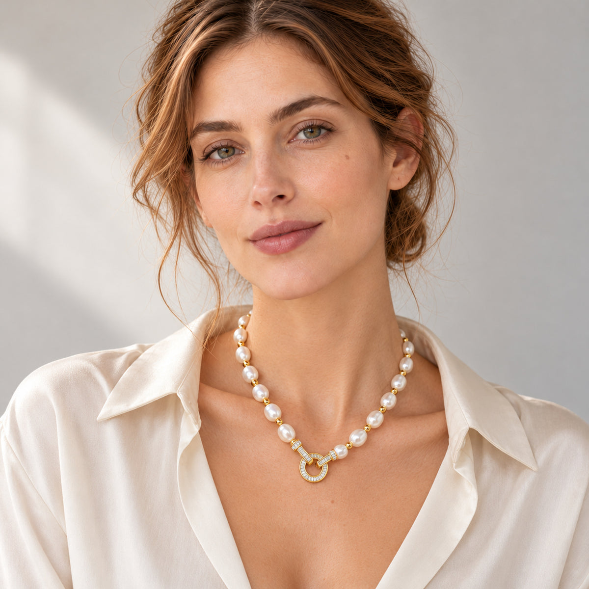 ELENE — Freshwater Rice Pearl Necklace with Crystal Carabiner Clasp