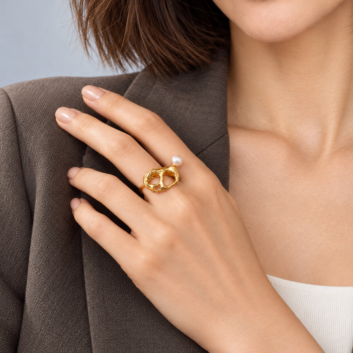 VERA — Sculptural Molten Lunar Openwork Pearl Ring