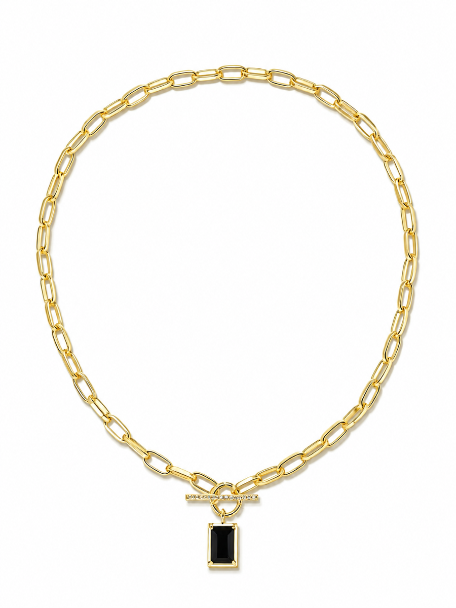 VERA — Emerald-Cut Black Onyx & Pavé Toggle Paperclip Chain Necklace