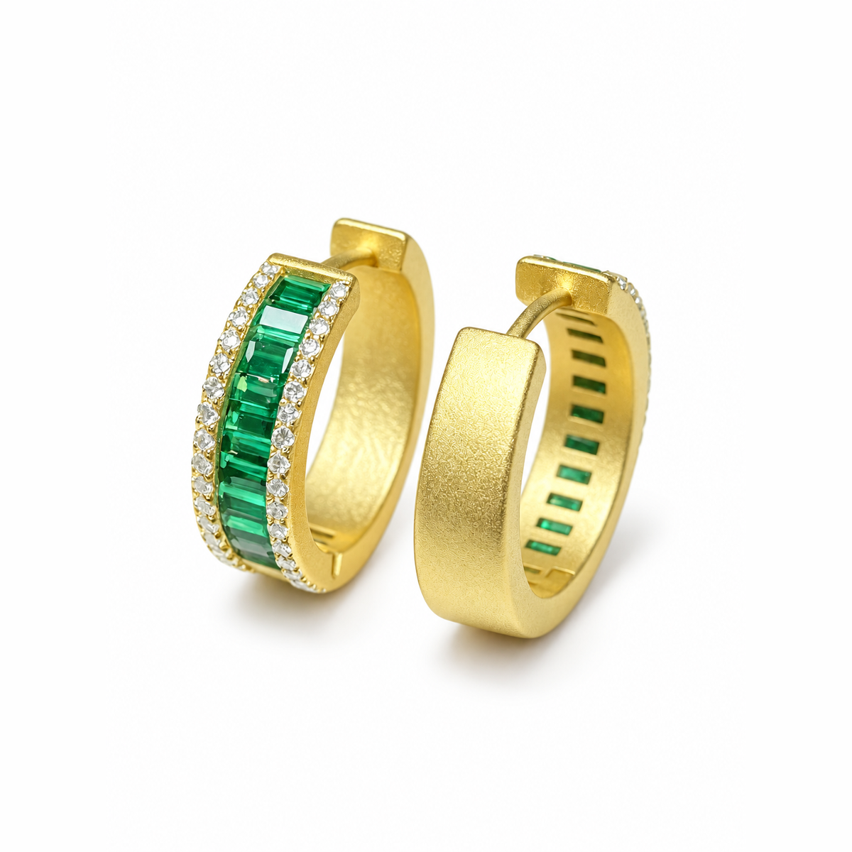ELENE | Baguette-Cut Emerald Green Zircon Huggie Hoop Earrings (18K Gold Plated 925 Silver)