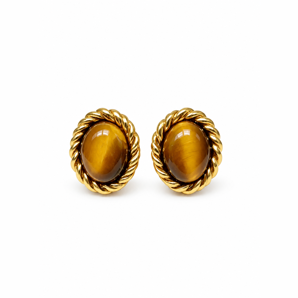 ELENE | Vintage Twisted Rope Oval Tiger's Eye Stud Earrings (18K Gold Plated 925 Silver)