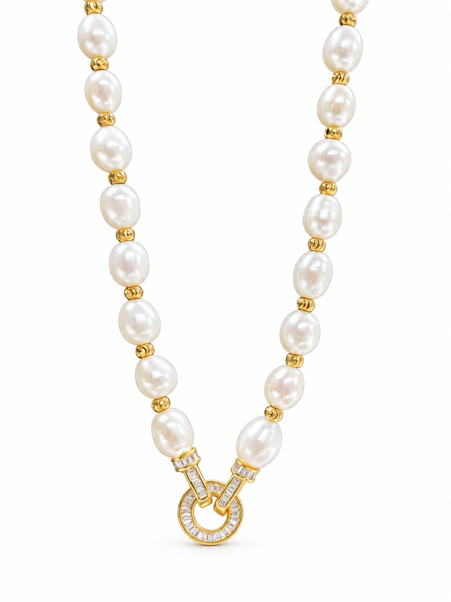 ELENE — Freshwater Rice Pearl Necklace with Crystal Carabiner Clasp