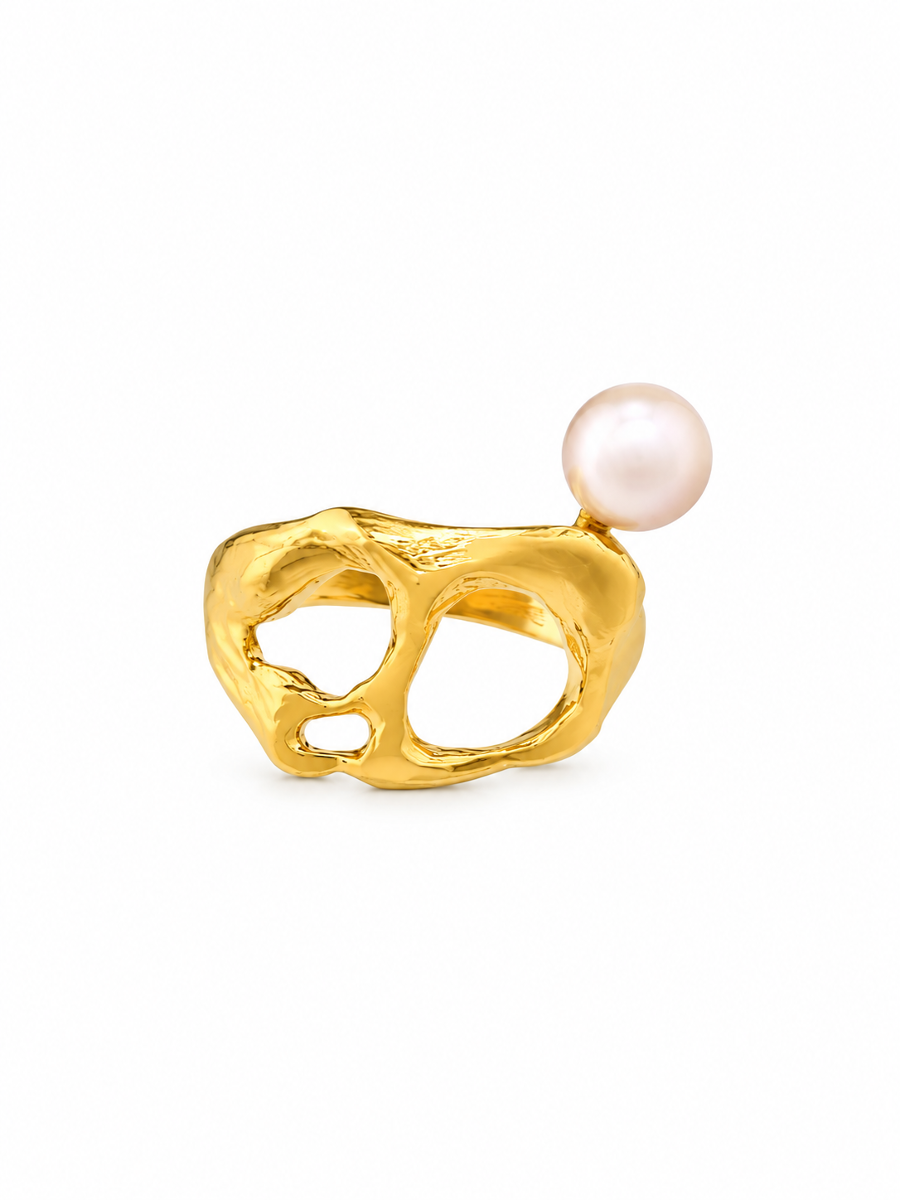 VERA — Sculptural Molten Lunar Openwork Pearl Ring