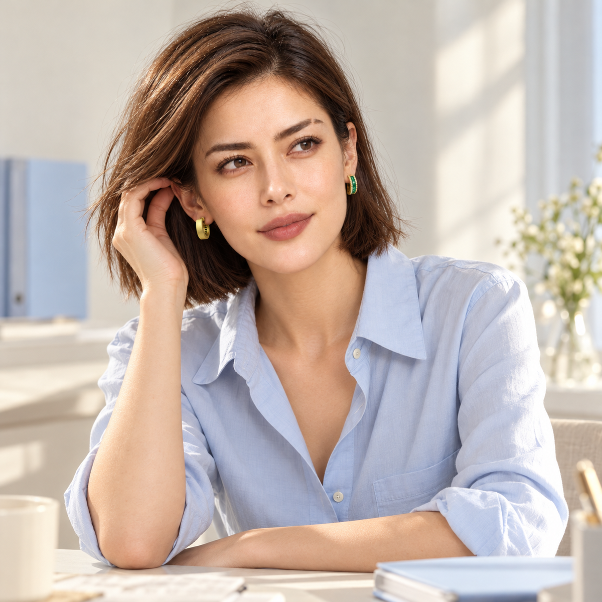 ELENE | Baguette-Cut Emerald Green Zircon Huggie Hoop Earrings (18K Gold Plated 925 Silver)