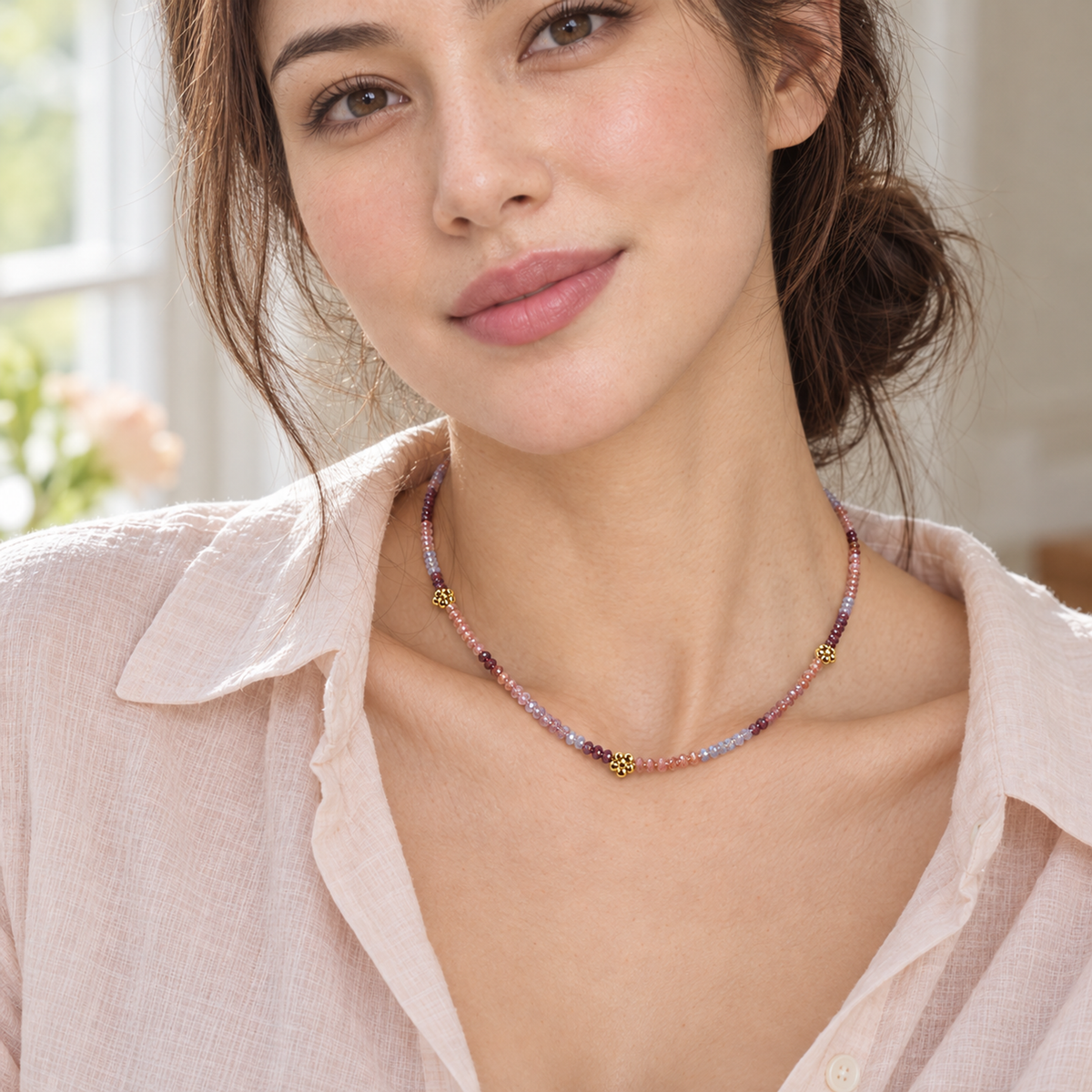 MIRA | Multicolored Faceted Glass Bead & Gilded Floral Choker (18K Gold Plated 925 Silver)