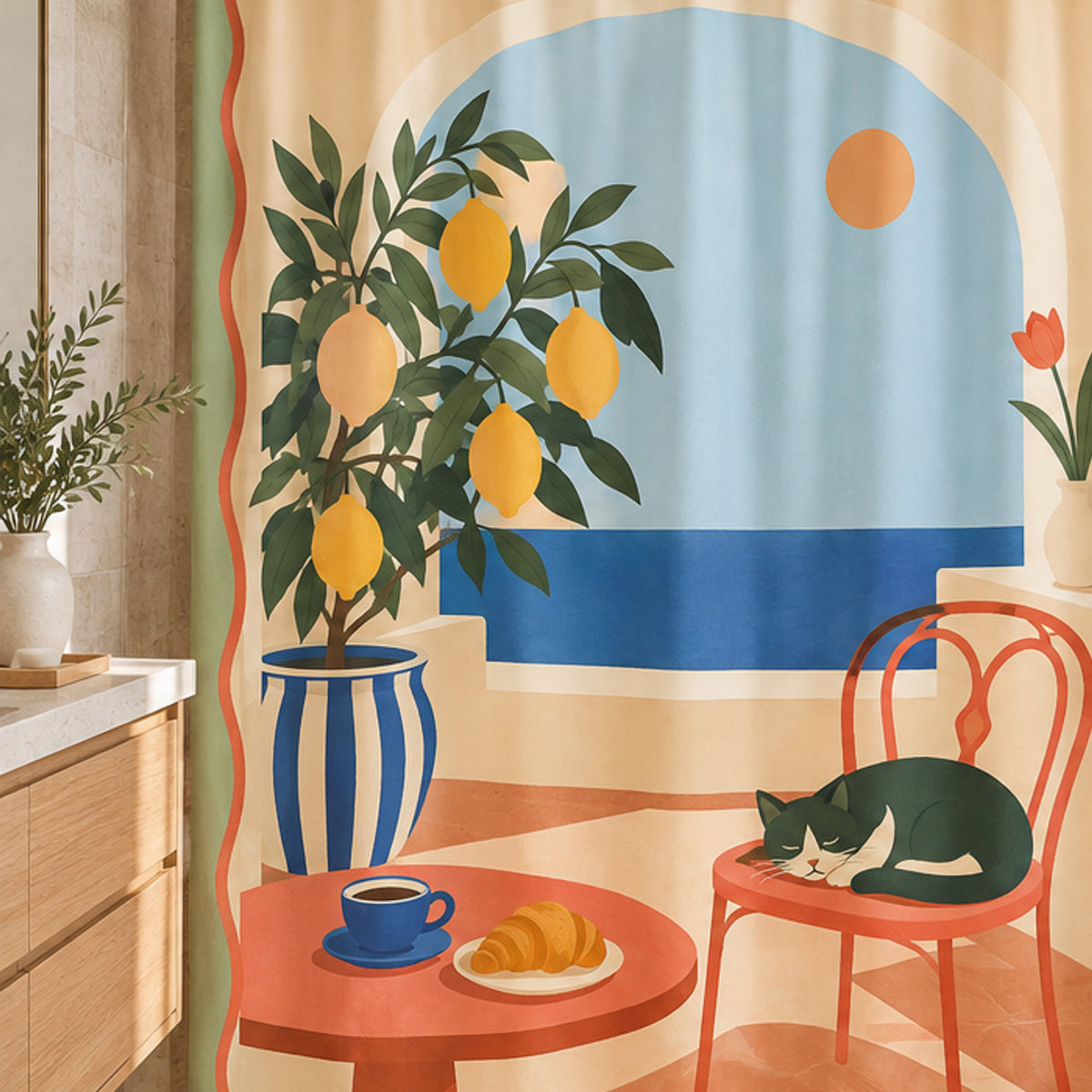 Offbeat Living, Sunlit Terrace Art Print Shower Curtain, 71 × 74 in