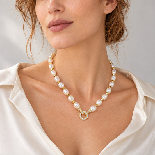 ELENE — Freshwater Rice Pearl Necklace with Crystal Carabiner Clasp