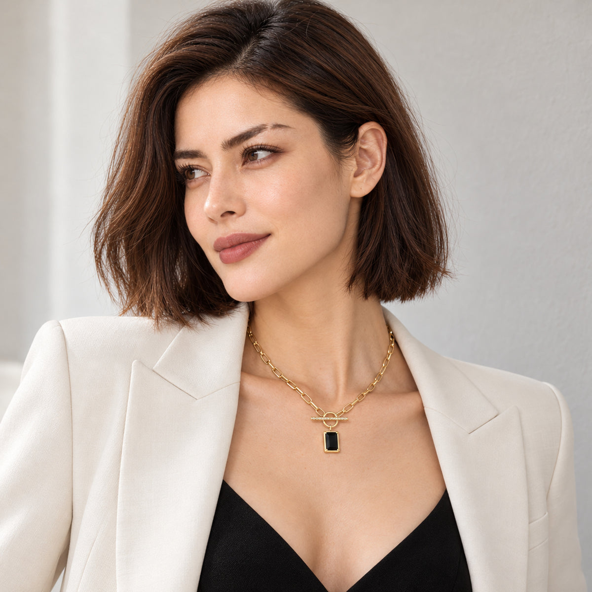 VERA — Emerald-Cut Black Onyx & Pavé Toggle Paperclip Chain Necklace