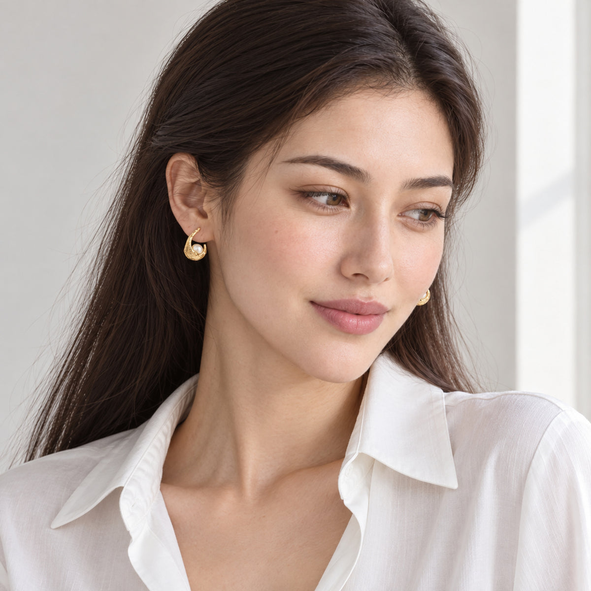 MIRA — Molten Gold Crescent Baroque Pearl Huggie Hoop Earrings