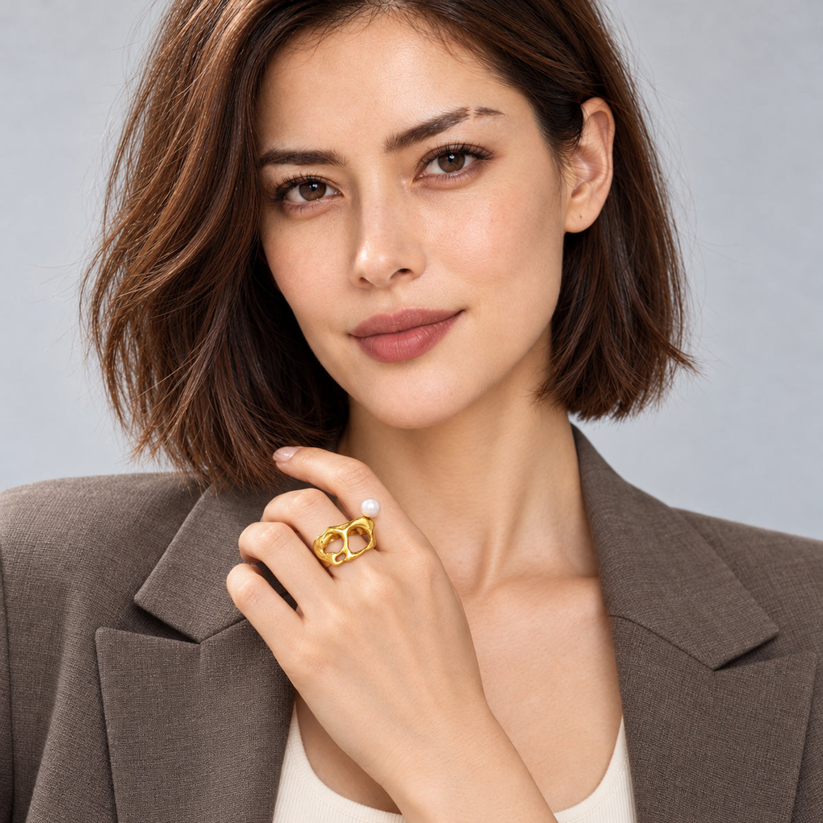 VERA — Sculptural Molten Lunar Openwork Pearl Ring