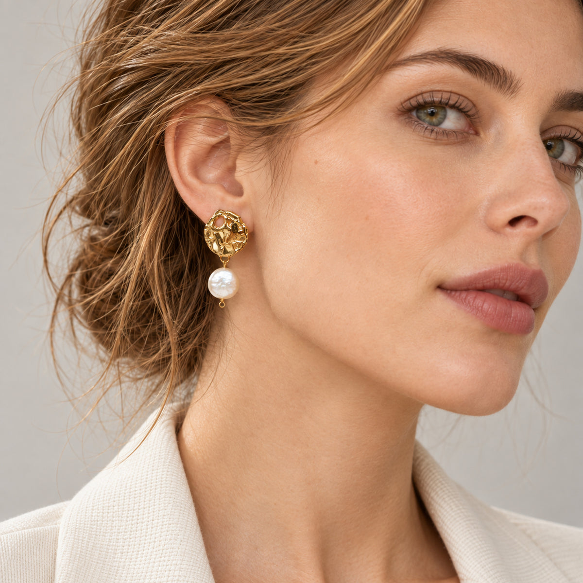 ELENE — Architectural Molten Coin Baroque Pearl Drop Earrings