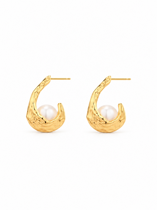 MIRA — Molten Gold Crescent Baroque Pearl Huggie Hoop Earrings