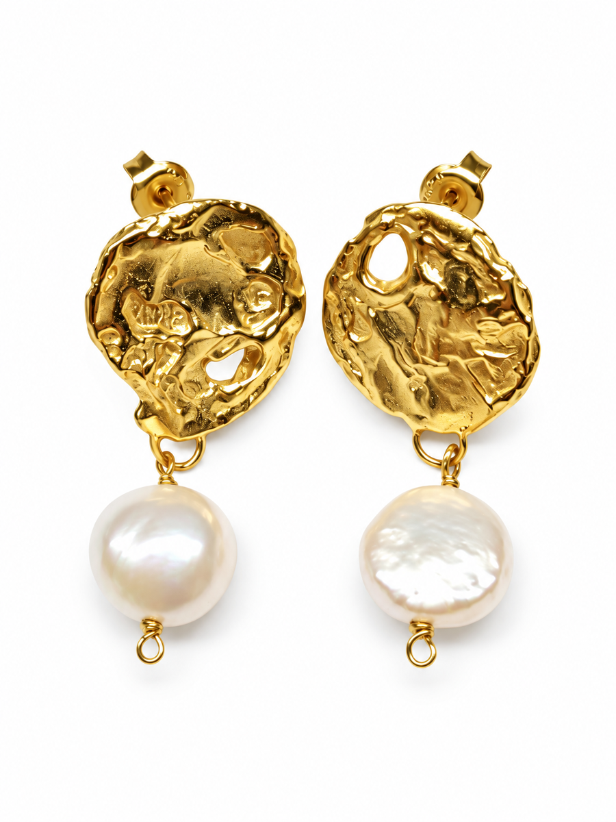 ELENE — Architectural Molten Coin Baroque Pearl Drop Earrings