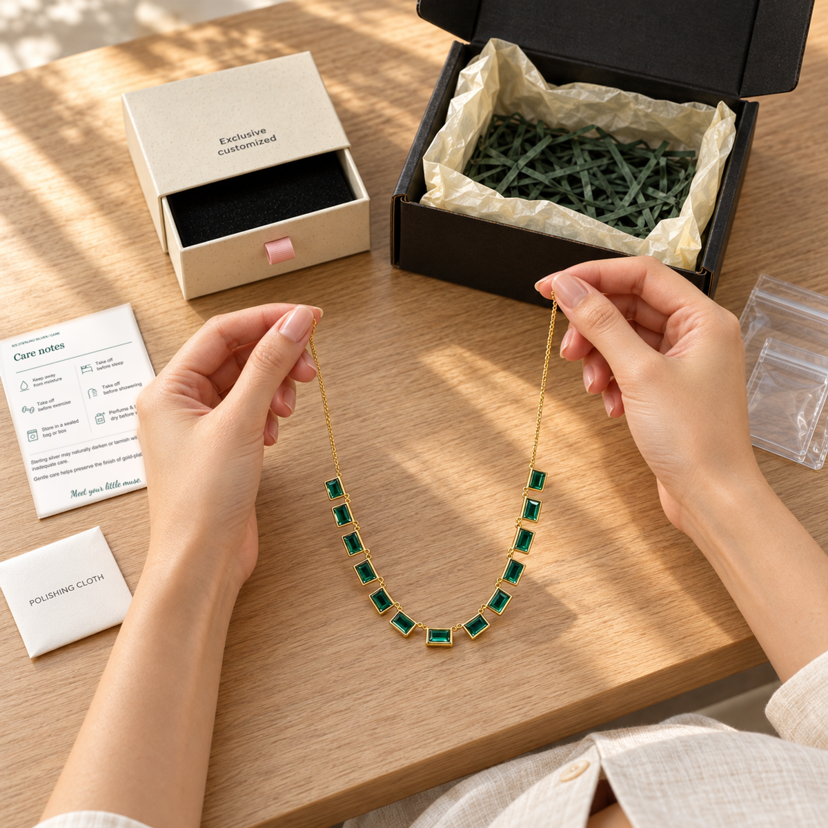 ELENE | Baguette-Cut Emerald Green Crystal Collar Necklace (18K Gold Plated 925 Silver)