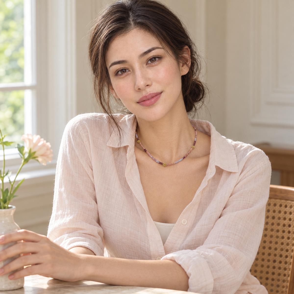 MIRA | Multicolored Faceted Glass Bead & Gilded Floral Choker (18K Gold Plated 925 Silver)
