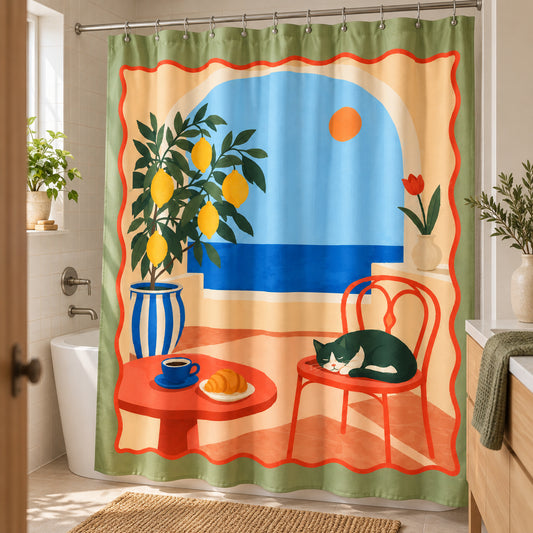 Offbeat Living, Sunlit Terrace Art Print Shower Curtain, 71 × 74 in